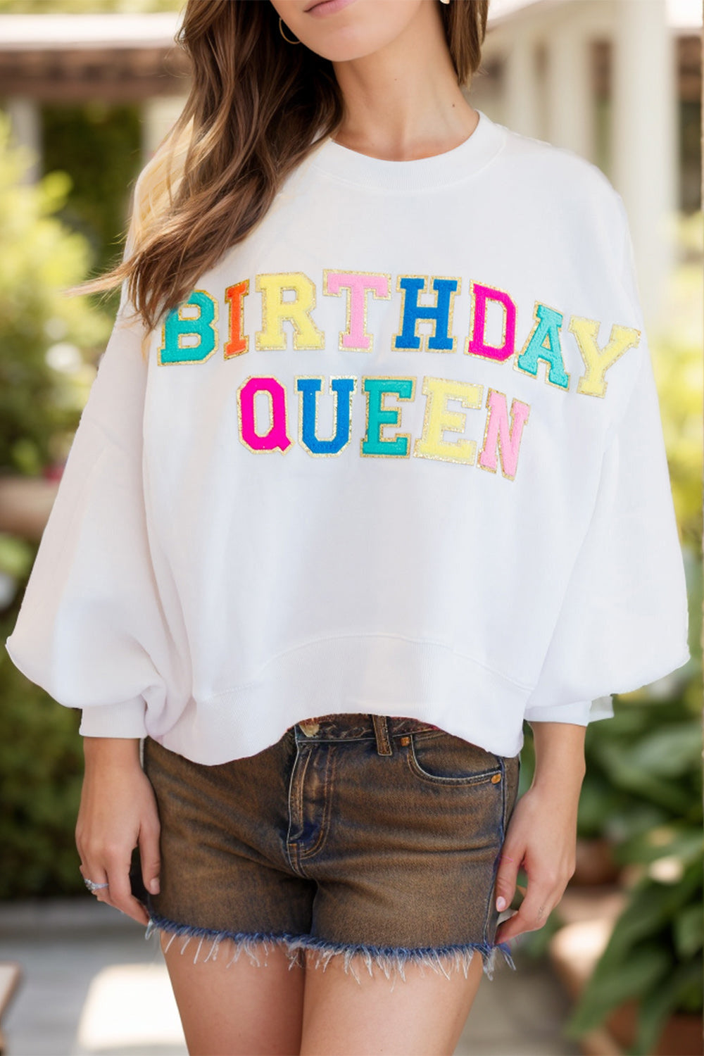 Emilie® | Gliter sweatshirt za rođendan Queen s okruglim izrezom i dugim rukavima
