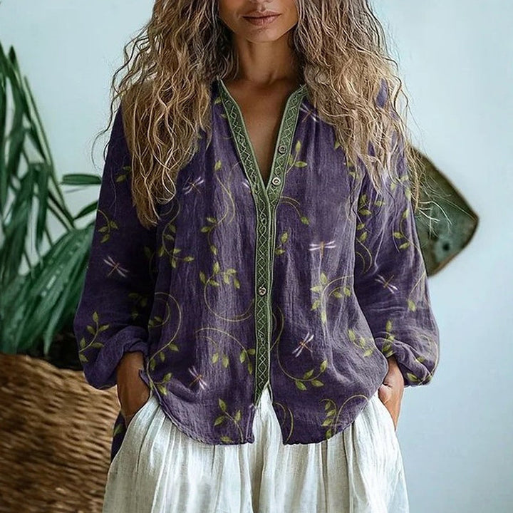 Vintage Bluza s Uznim Otisnutim Listovima