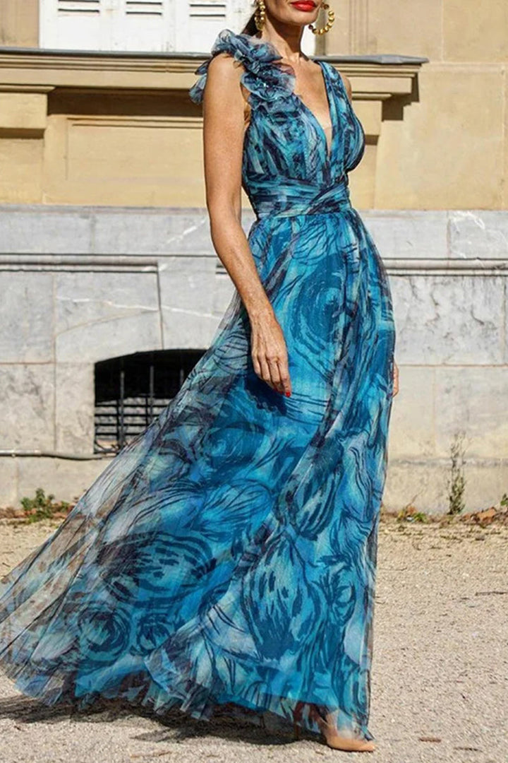 Ema® | Slušanje elegantnih geometrijskih tiskana suknja haljina s V-izrezom i strukom