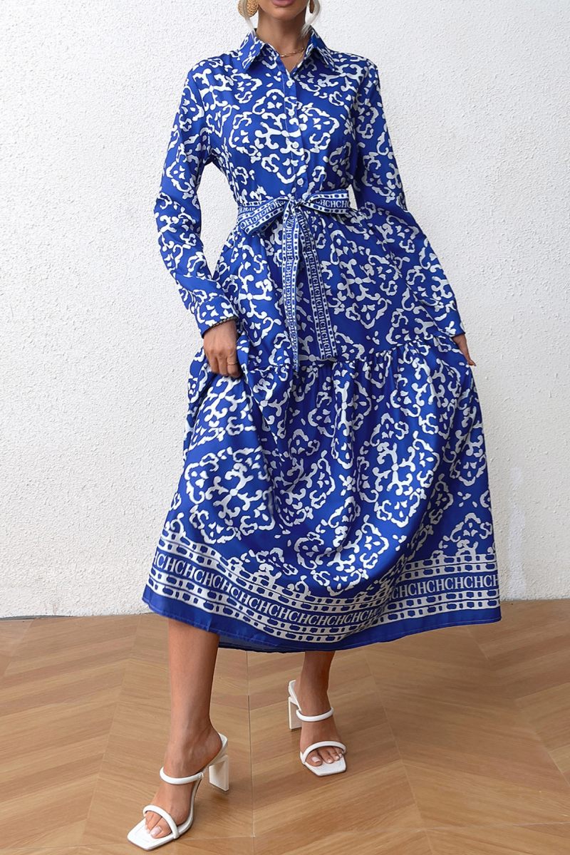 Esperanza® | Casual majica s otiskom, patchwork dizajn, strani ovratnik, dugih rukava haljine