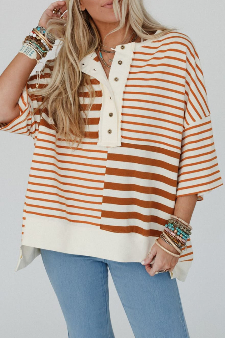 Beatriz® | Opućene majice s prugama i gumbima, patchwork kontrast i O-vrat
