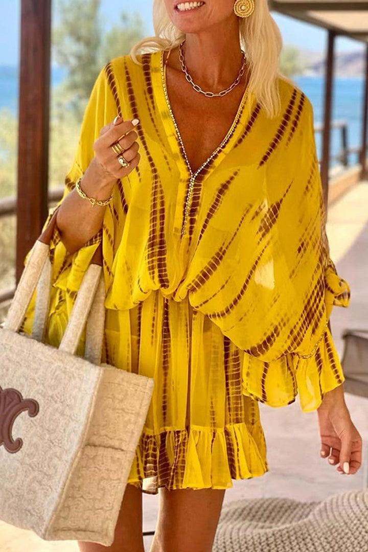 Maria Fernanda® | Ležerne A-katalog haljinice za odmor s geometrijskim uzorkom, volanima i V-izrezom