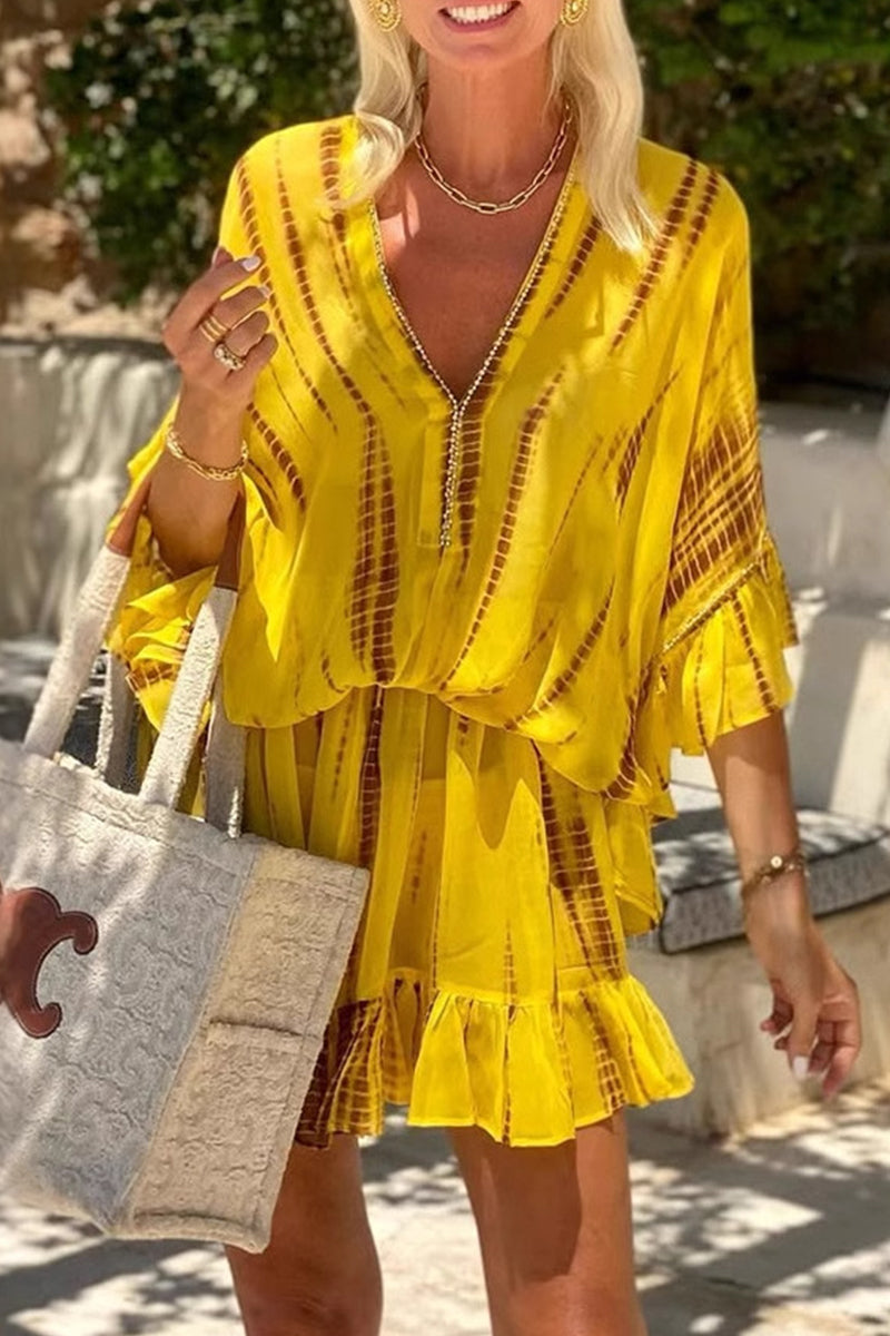 Maria Fernanda® | Ležerne A-katalog haljinice za odmor s geometrijskim uzorkom, volanima i V-izrezom