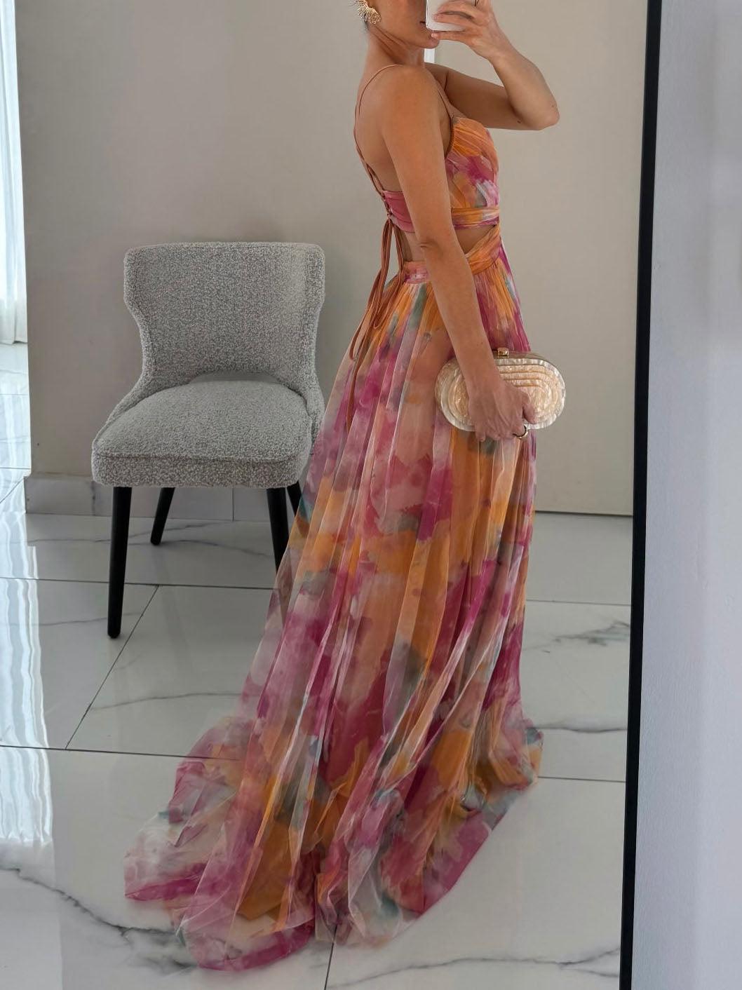 Elegantno ručno oslikano cvjetno maksi haljina s V-izrezom i širokim suknjom