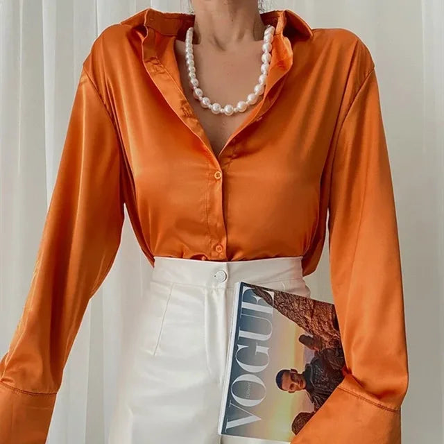 Bucey® | Elegantna narandžasta svilena bluza