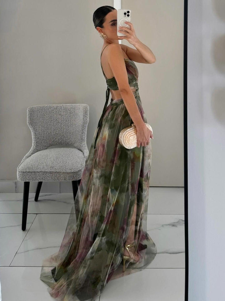 Elegantno ručno oslikano cvjetno maksi haljina s V-izrezom i širokim suknjom