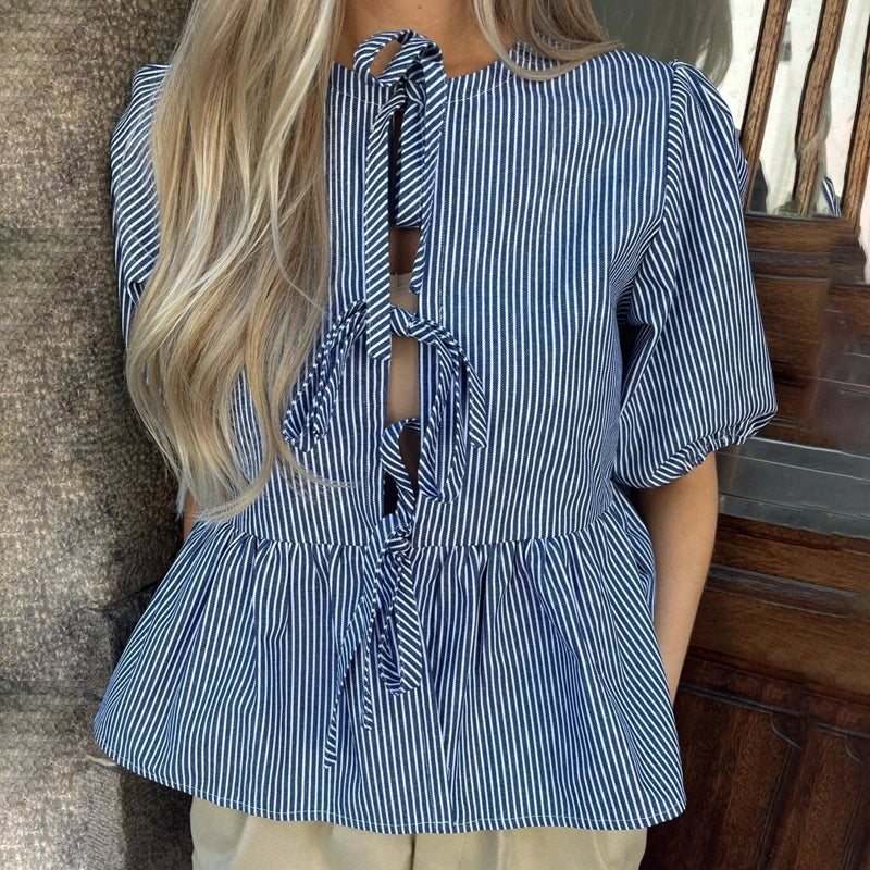 Britnee® | Vintašna prugasta bluza s vezanom mašnom
