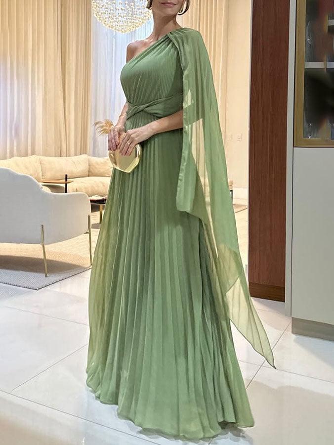 Elegantna tekuća plisirana maksi haljina s off-shoulder izrezom
