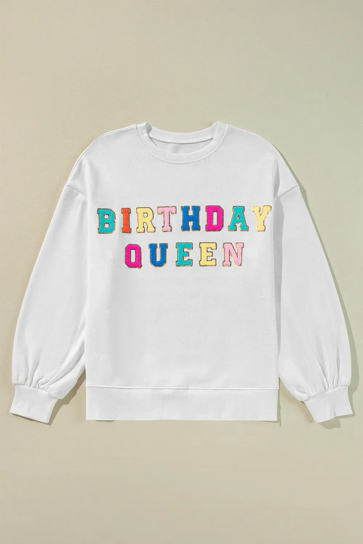 Emilie® | Gliter sweatshirt za rođendan Queen s okruglim izrezom i dugim rukavima