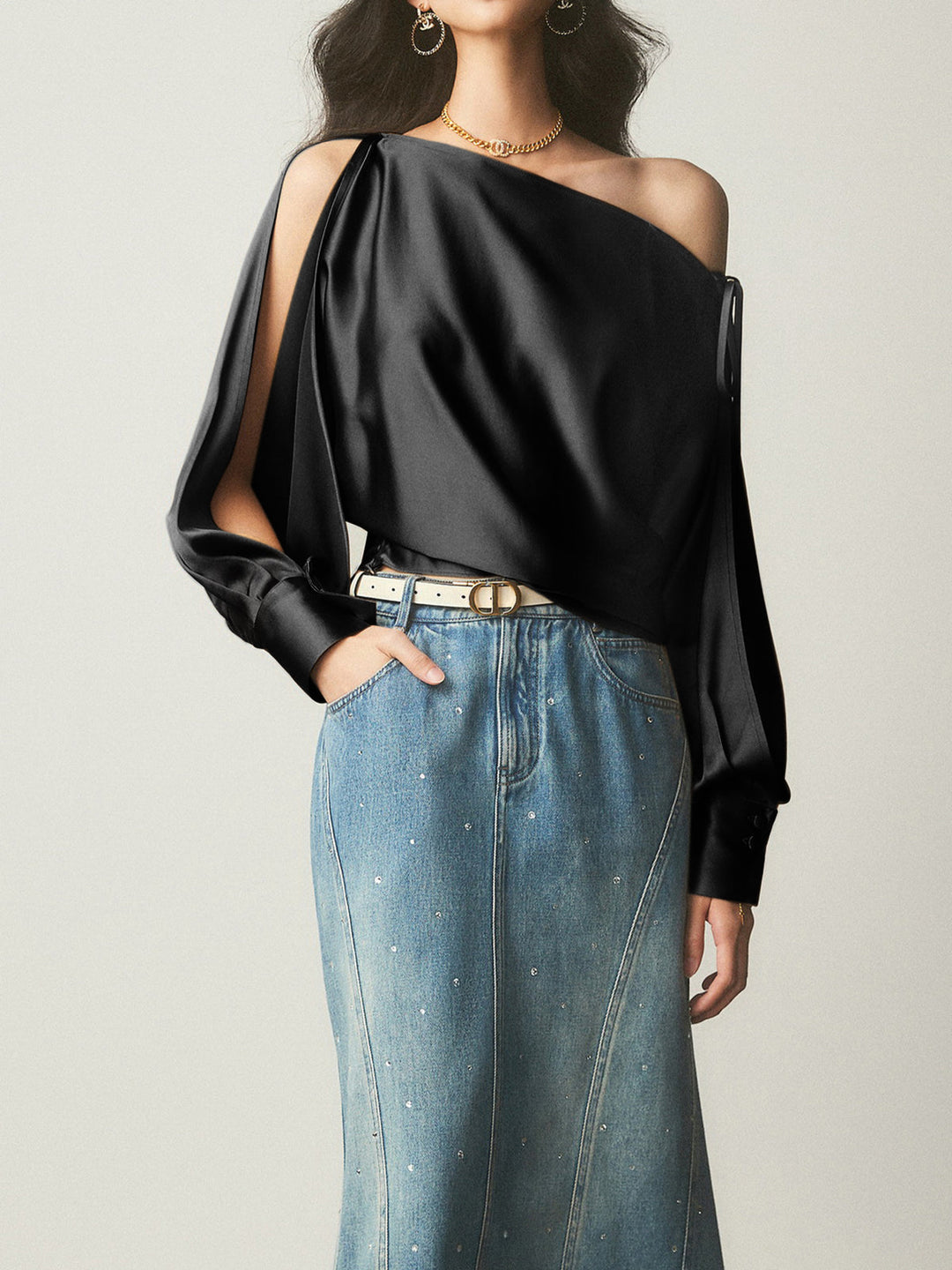 Bretanya® | Asimetrična satenska bluza s hladnim ramenom
