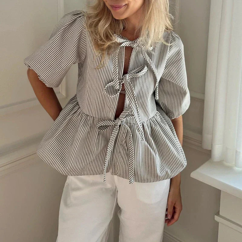 Britnee® | Vintašna prugasta bluza s vezanom mašnom