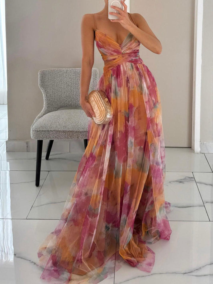 Elegantno ručno oslikano cvjetno maksi haljina s V-izrezom i širokim suknjom