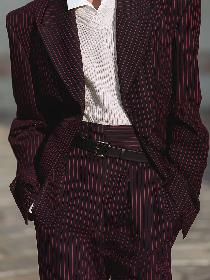 Elegantan prugasti oversized blejzer s reverom i pufastim ramenima