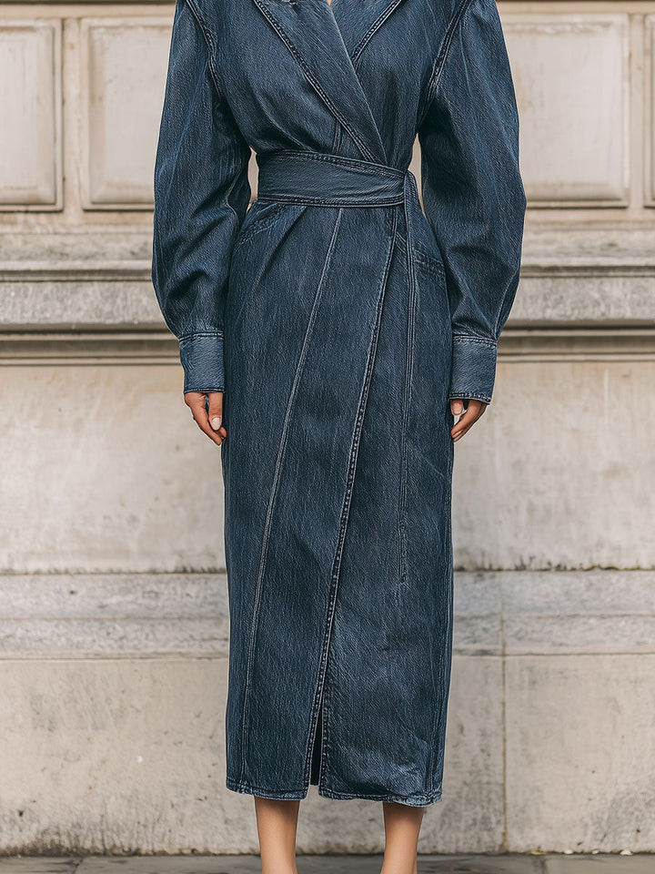 Casual Deconstructed Acid Wash Denim Drveni Vrat Duguljasti Rukav Sako S Pojasom